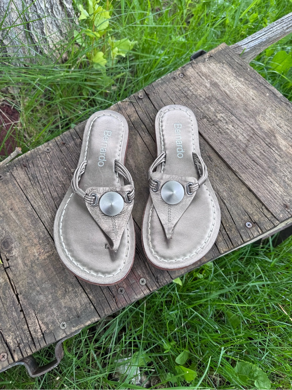 Bernardo Neutral Taupe Braided Thong Sandals with Button Accent
